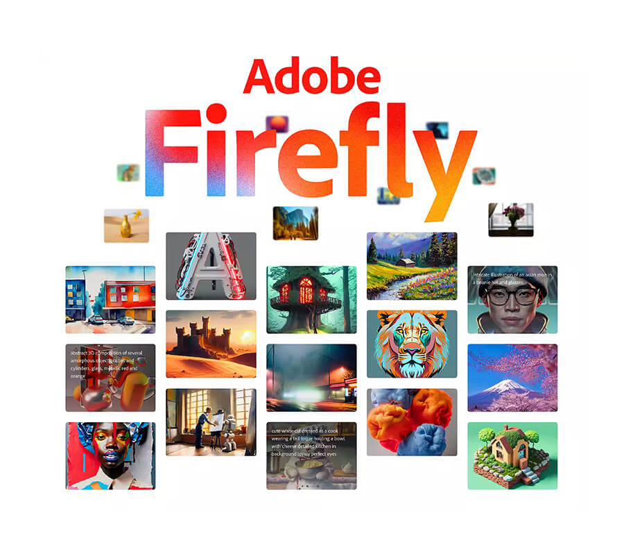 Logo Adobe Firefly en grand dégradé de rouge et orange, entouré d'une grille de vignettes illustrant les capacités de l'IA. Les images incluent des scènes de rue, des châteaux dans le désert, une cabane dans les arbres, un portrait d'homme avec des lunettes, une tête de lion stylisée aux couleurs vives, un paysage enneigé avec des fleurs, et diverses illustrations abstraites.