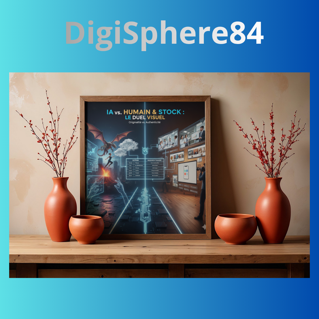 Affiche encadrée "IA vs. Humain & Stock : Le Duel Visuel" sur une étagère en bois, avec logo DigiSphere84.