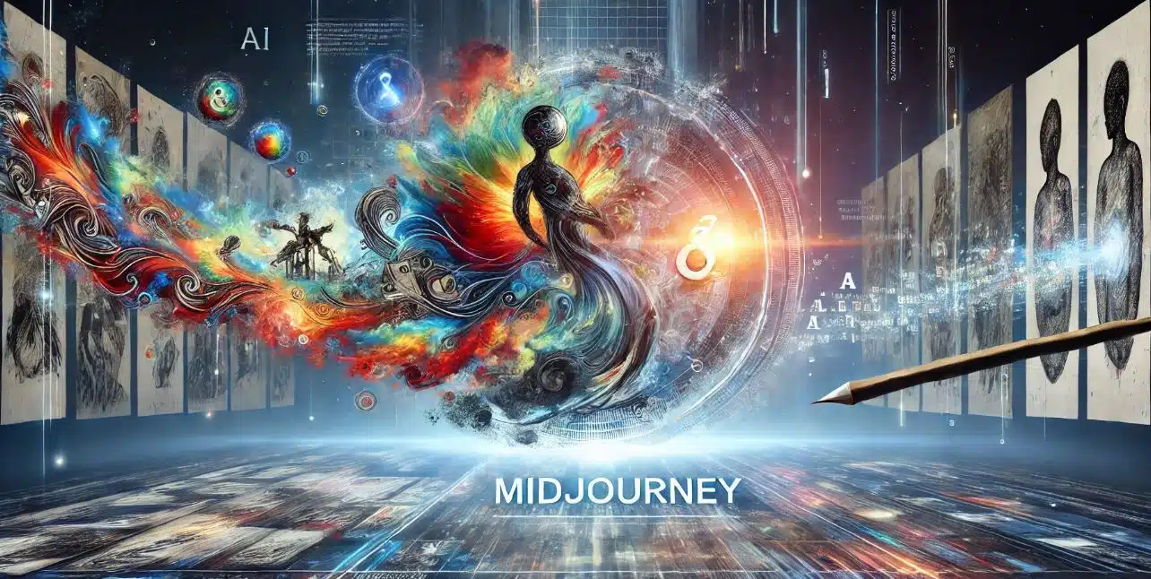 Image artistique et abstraite de Midjourney montrant une silhouette humaine stylisée au centre, entourée d'explosions de couleurs vives et de formes fluides, avec des éléments technologiques et des symboles scientifiques flottant. À droite, un crayon géant pointe vers des croquis en noir et blanc, symbolisant la transformation de l'art manuel par l'IA. Le texte 'MIDJOURNEY' est affiché en bas.