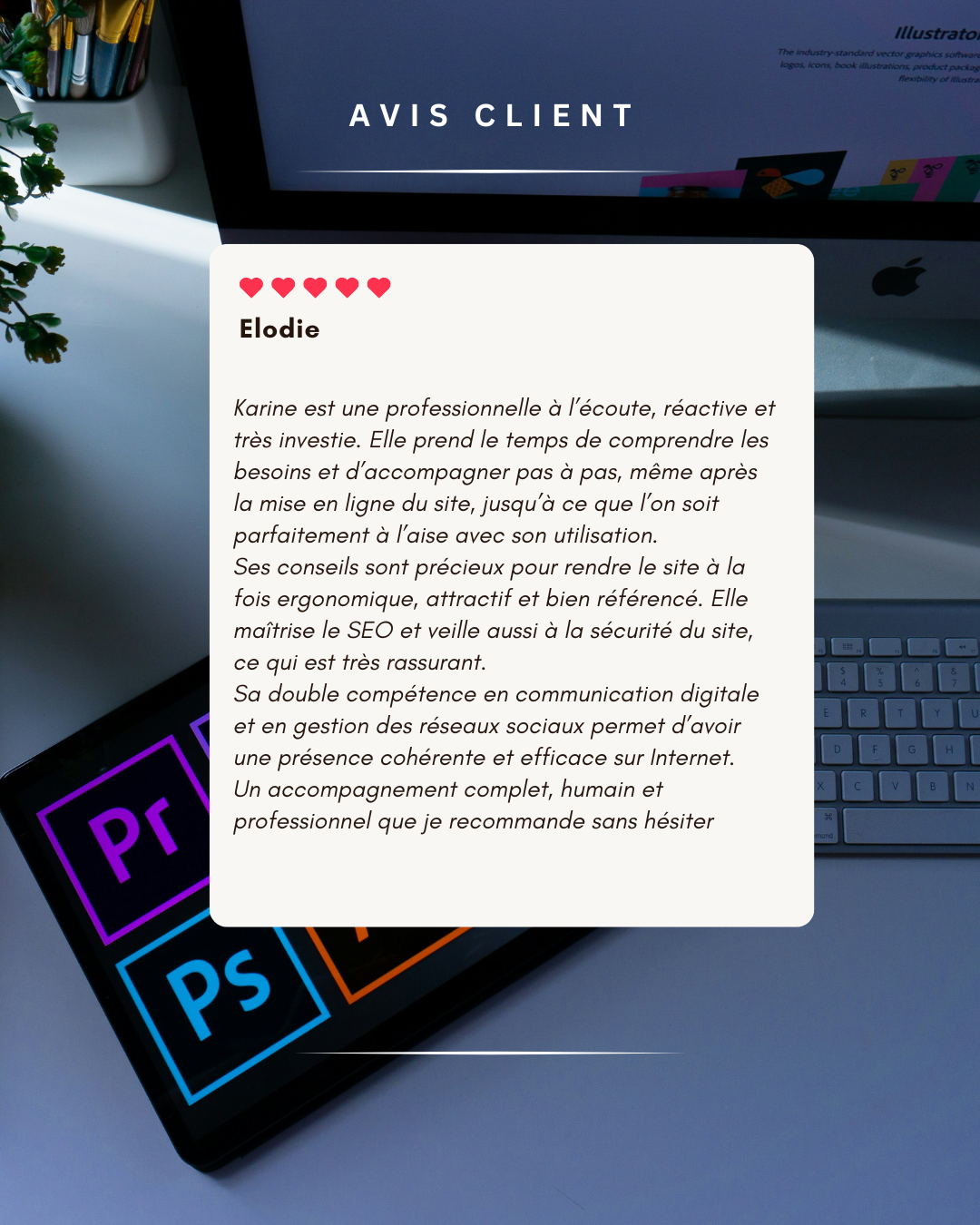 Témoignage client 5 étoiles sur les services d'accompagnement web, SEO et gestion sites web  visuel d'un avis client Digisphere